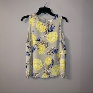 Beige, royal blue, yellow and white floral work formal tank top c&e small